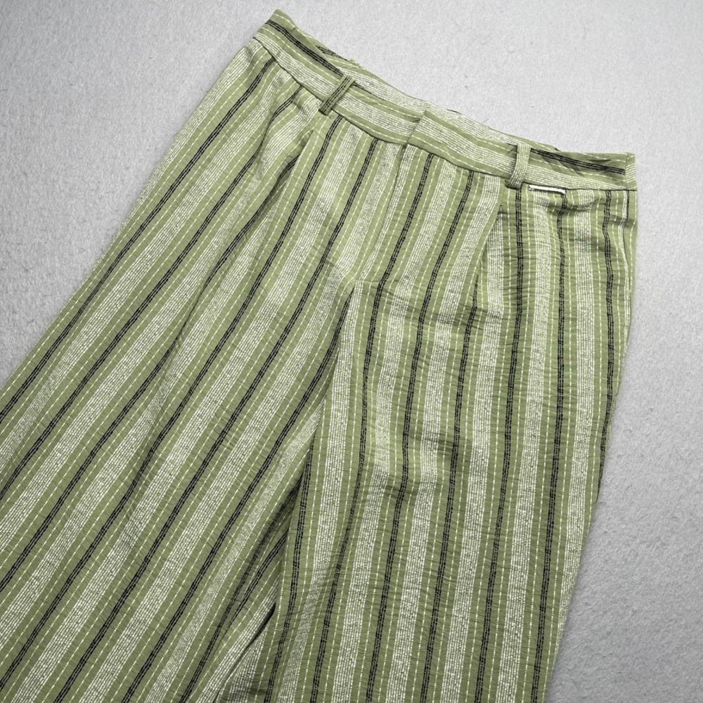 Adrienne Vittadini Wide Leg Pants Green Striped Size L Boho High Rise Trousers